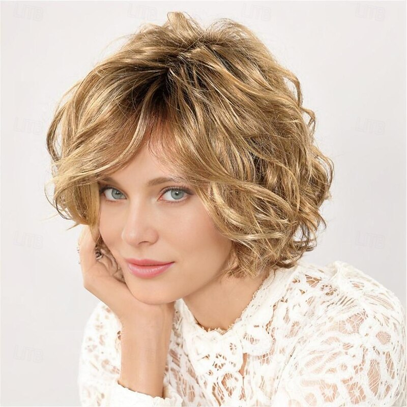 Synthetic Wig Curly With Bangs Machine Made Wig Short A1 A2 Synthetic Hair Women's Soft Fashion Easy to Carry Blonde Brown2