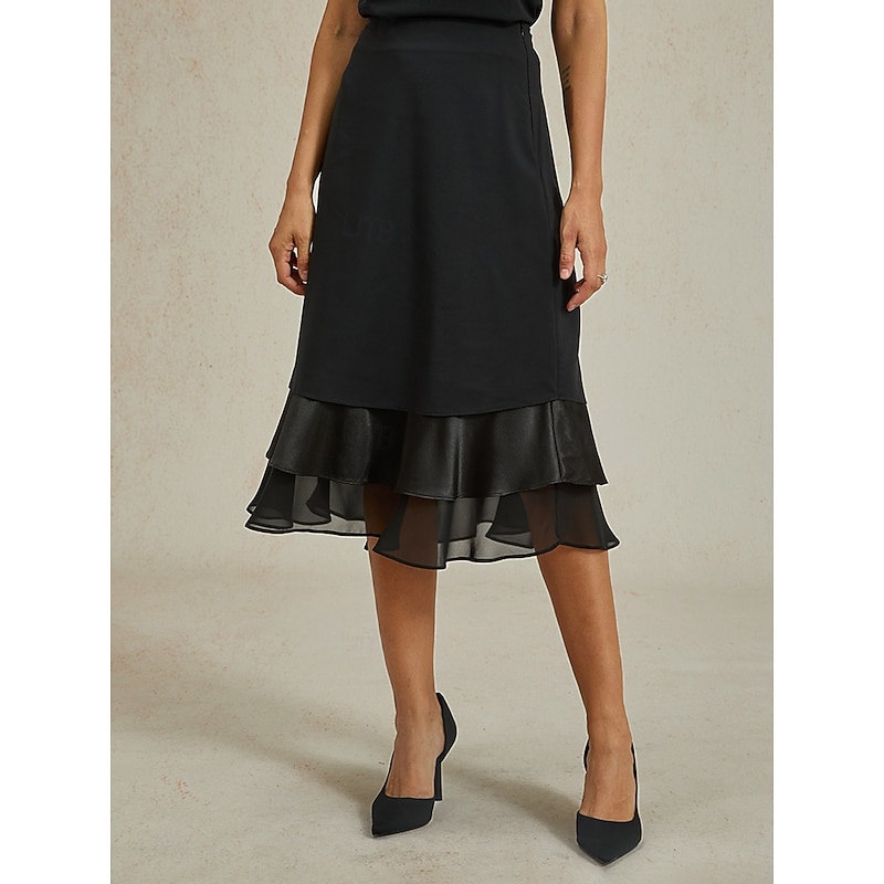 Women's A Line Elegant Fashion Midi Mid Waist Skirts Ruffle Layered Inelastic Valentine's Day New Year Black Spring Chiffon