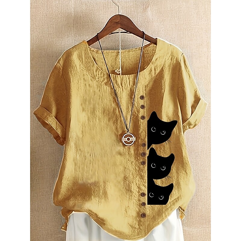 Women's Cotton Linen Shirts Animal Cat Elegant Daily Stylish Short Sleeve Crew Neck Regular Tops Daily Holiday Vacation Wear Buttons White Yellow Navy Blue Blue Purple Summer Spring3