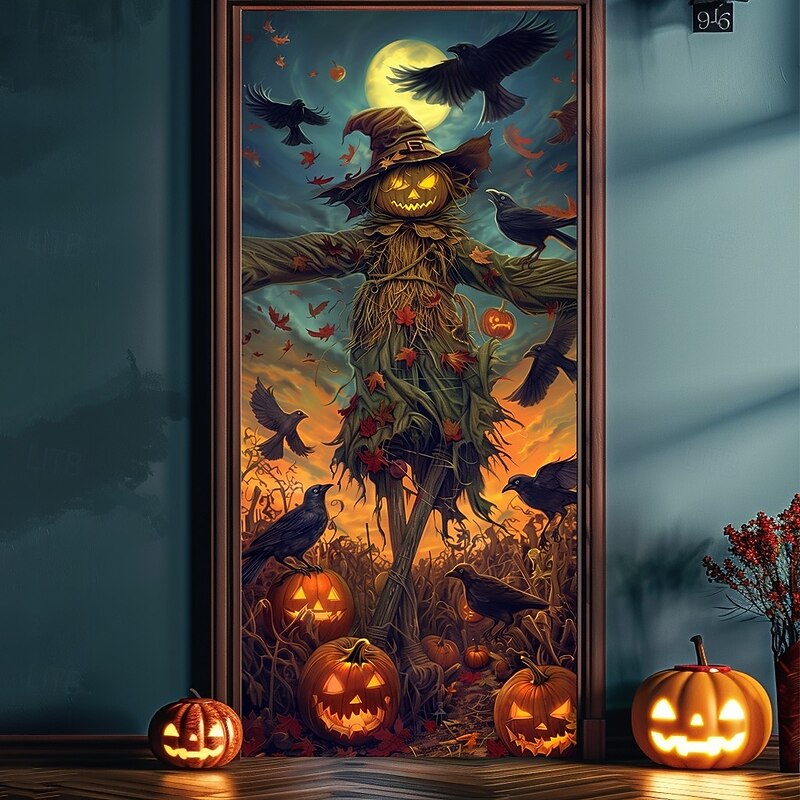 Halloween Door Cover – Pumpkin Head Scarecrow Under Full Moon, Haunted House Entrance Banner, Creepy Outdoor 2025 Halloween Decoration for Bedroom, Living Room, Bathroom4