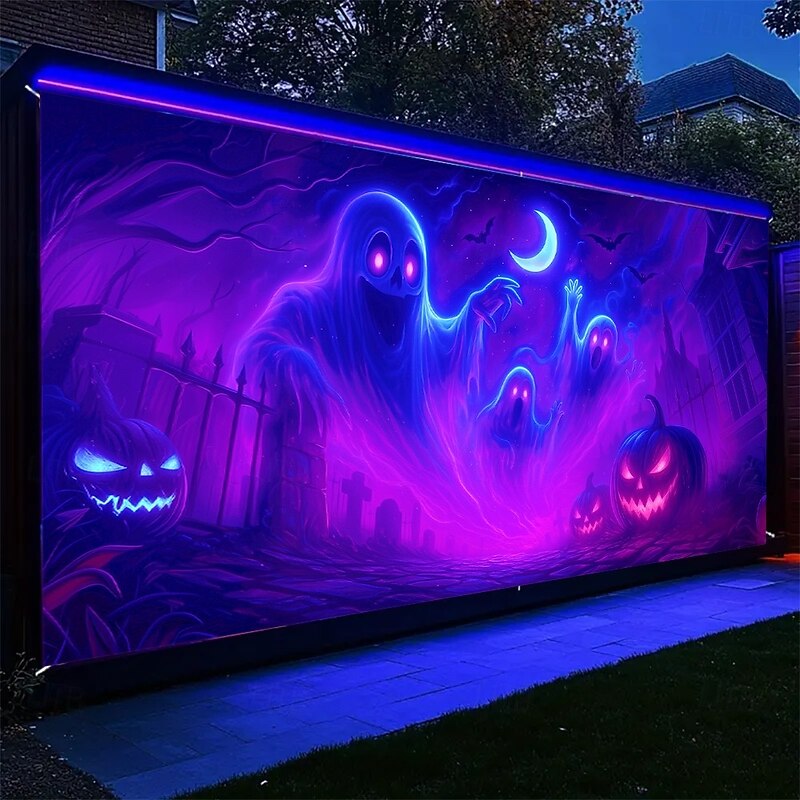 Halloween Garage Door Cover Neon Ghosts and Pumpkins Banner, Glowing Blacklight Backdrop Decoration for Holiday Outdoor Garage Door and Home Wall, 2025 Halloween Decorations3