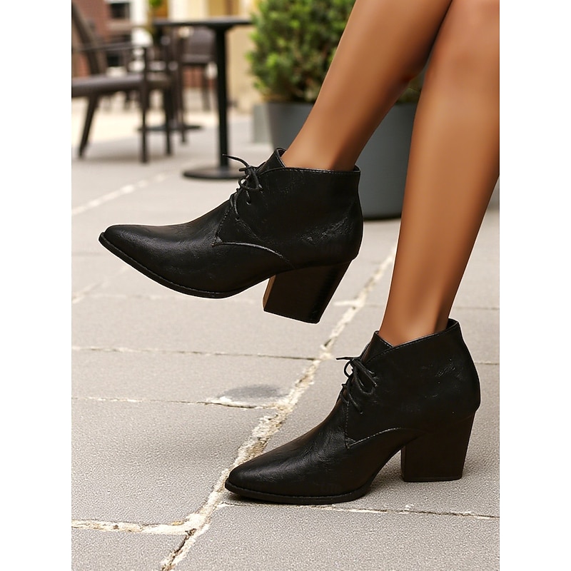 Women's Retro Lace-Up Pointed Toe Ankle Boots - Faux Leather Block Heel Short Boots for Fall,Street Style & Daily Outfits2