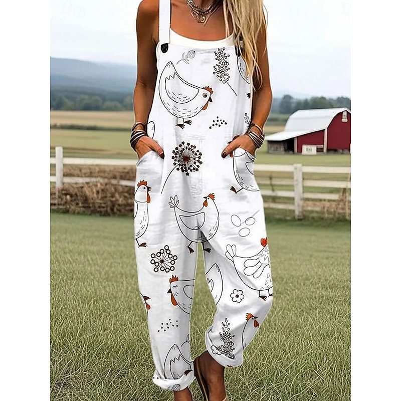 Women's Dungarees Active Graphic Sleeveless Vacation Street Loose Fit White Light Brown Khaki Summer4