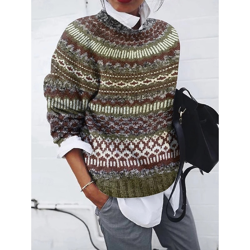 Women's Sweater Casual Soft Geometric Pure Color Ribbed Crew Neck Knitted Print Long Sleeve Regular Tops Knit Outdoor Daily Weekend Red Blue Fall Winter4