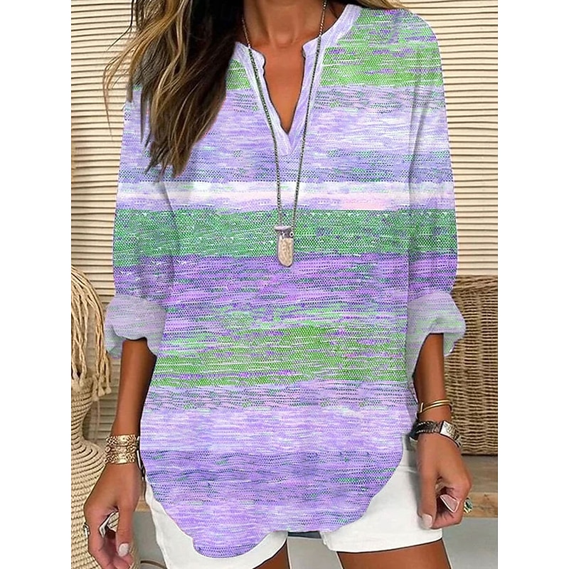Women's Blouse Tunic V Neck Long Sleeve Boho Casual Tops Ombre Graphic Striped Vintage Daily Stylish Regular Tops Daily Print Pink Purple Orange Fall3