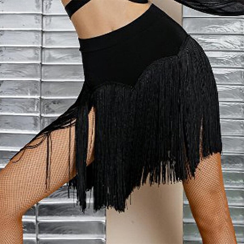 Women Black Fringe Mini Short Skirt with Shorts Female Stretchy Rave Disco Club Latin Salsa Dance Skirt4