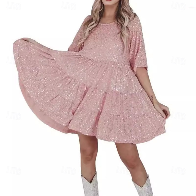 Women's Mini Dress Sequin Dress Cocktail Dress Elegant Dress Fashion Modern Evening Party Cocktail Party Weekend Regular Fit Plain Short Sleeve Crew Neck Silver Black Pink Summer3