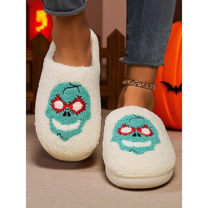 Women's Fuzzy Skull Slippers - Warm Plush Indoor House Shoes, Halloween-Themed Cozy Slip-On Slides for Home, Parties, and Holiday Loungewear