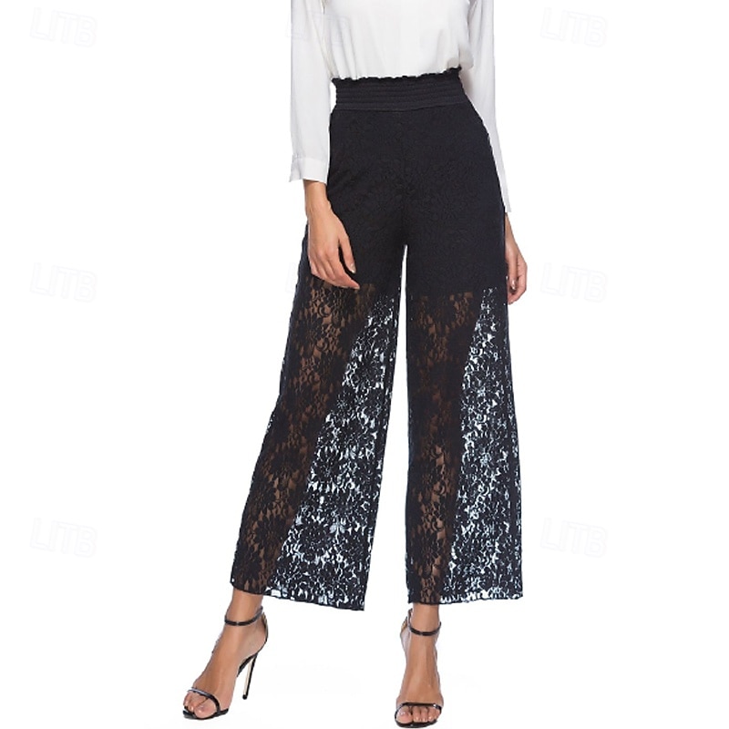 Women's Wide Leg Slacks Streetwear Casual Full Length Natural Plain Lace Patchwork Elastic Waist Comfortable Holiday Going out Depression Green Black White Dark Blue Fall Regular Fit