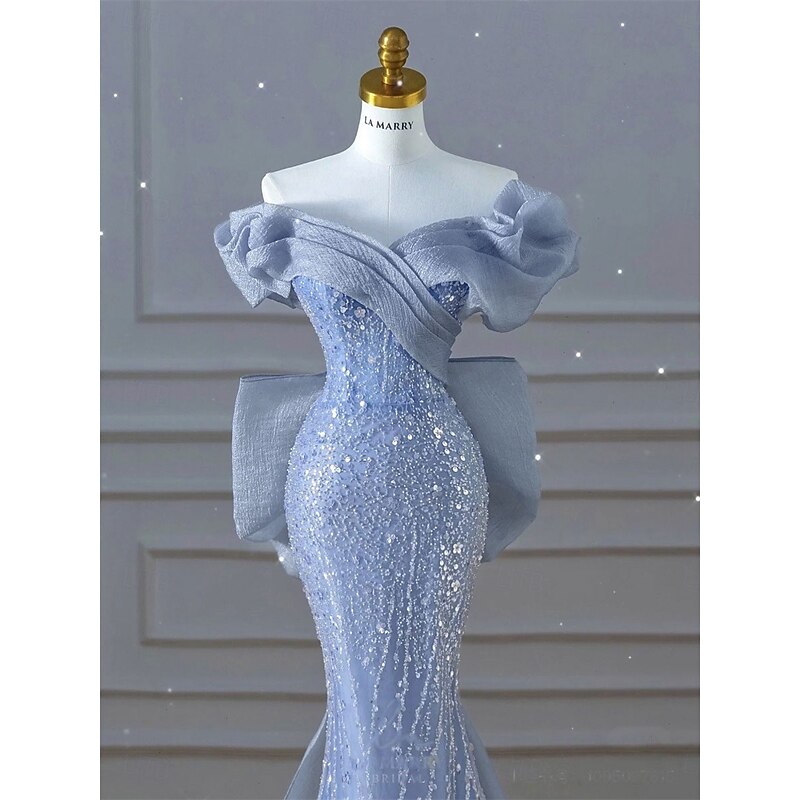 Mermaid / Trumpet Party Dresses Elegant Dress Wedding Wedding Guest Sweep / Brush Train Sleeveless Off Shoulder Tulle with Sequins Bow4