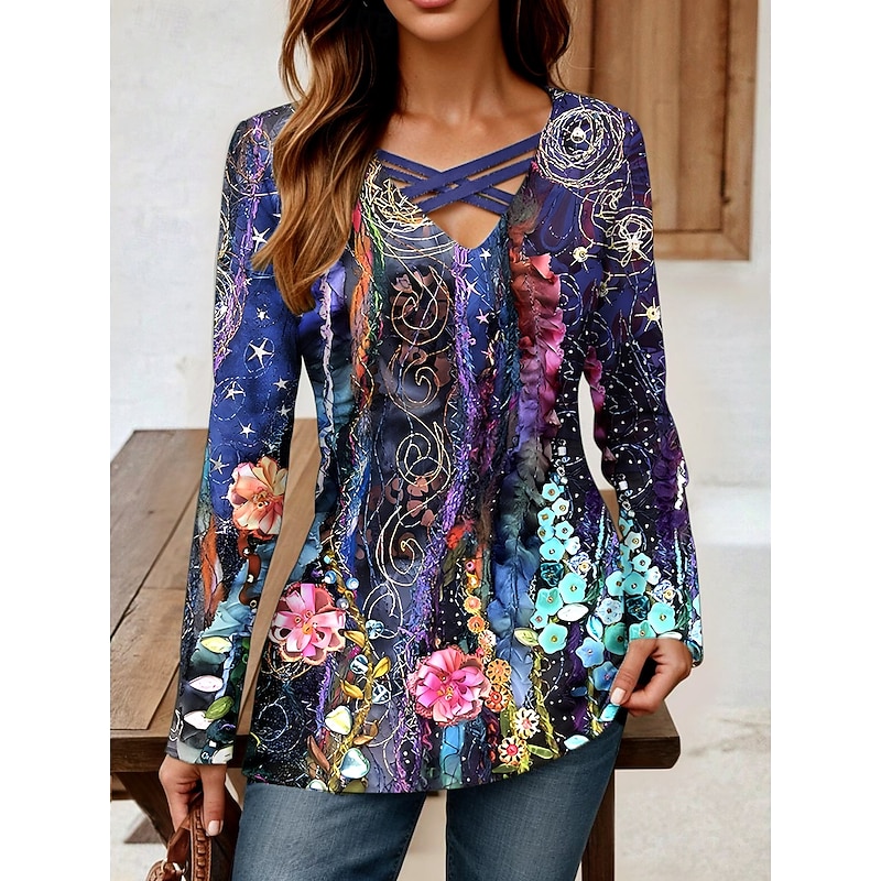 Women's T shirt Long Sleeve Floral Graphic Vintage Stylish Classic Long Sleeve V Neck Regular Tops Daily Cut Out Print Violet Spring Fall Prefall
