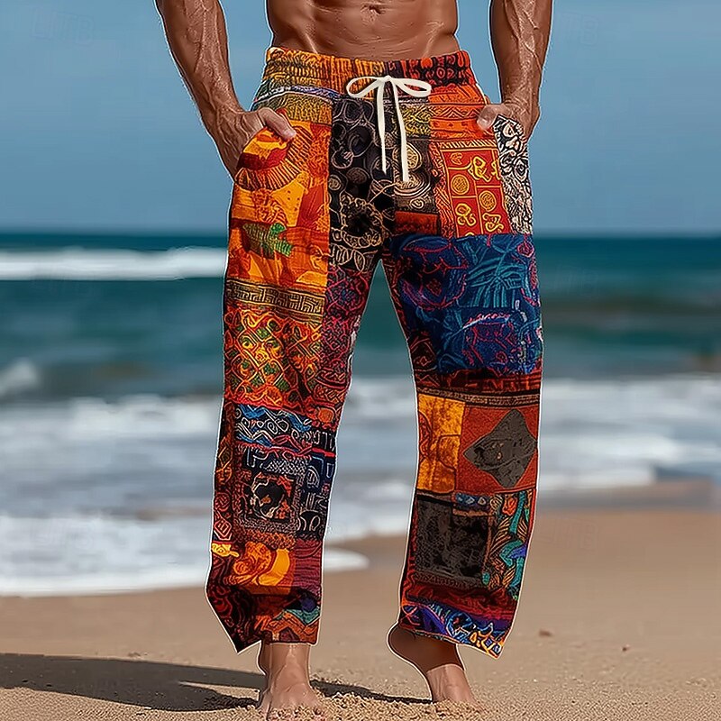 Men's Geometric Color Block Ethnic Trousers Baggy Pants Casual Pants Mid Waist Bohemian Vintage Retro Outdoor Vacation Elastic Drawstring Waist Linen-Like Pants with Pockets Summer Spring Fall 3D2