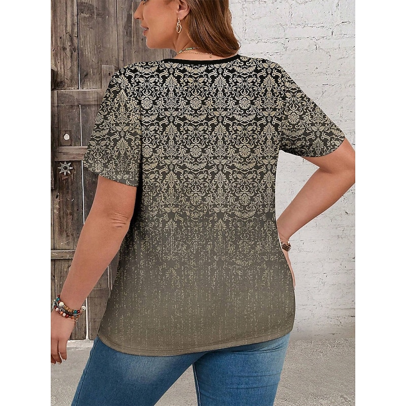 Women's Plus Size Tops T Shirt Ombre Geometry Print Short Sleeve Crew Neck Casual Daily Polyester Summer Spring Pink Blue2