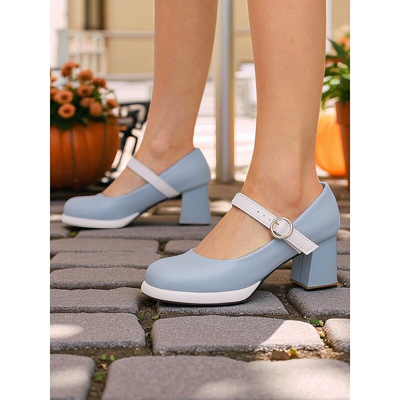 Women's 1950s Mod Mary Jane Heels - Retro Blue and White Round Toe Chunky Heel Shoes with Strap for Vintage Outfits, Tea Parties or Daily Wear3