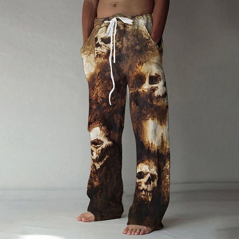Halloween Men's Halloween Costumes Skulls Trousers Baggy Pants Casual Pants Mid Waist Casual Outdoor Vacation Elastic Drawstring Waist Linen-Like Pants with Pockets Spring Fall 3D Print Black Brown