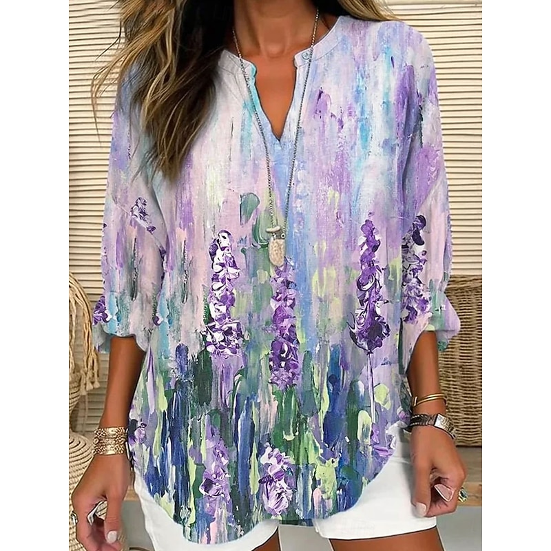 Women's Blouse Tunic V Neck Long Sleeve Boho Casual Tops Floral Graphic Vintage Daily Stylish Regular Tops Daily Print White Purple Green Fall