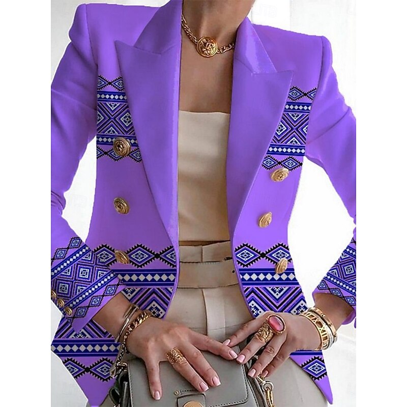 Women's Blazer Comfortable Breathable Pocket Buttons Print Fashion Casual Geometric Office Street Casual Daily Wear Single Breasted Regular Turndown Regular Fit Long Sleeve Outerwear Pink Purple4