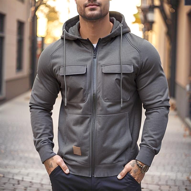 Men's Hoodie Full Zip Hoodie Wine Red Black Army Green Khaki Gray Hooded Plain Zip Up Front Pocket Tactical Sports & Outdoor Casual Streetwear Cool Sportswear Spring &  Fall Clothing Apparel Hoodies