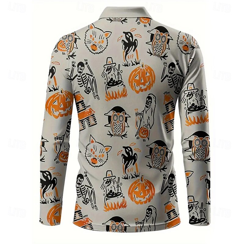 Halloween Men's Pumpkin Witch Polo Long Sleeve Polo Shirts Lapel Casual Outdoor Daily Wear Festival Outfit 3D Print Buttons Spring Fall Winter Orange3
