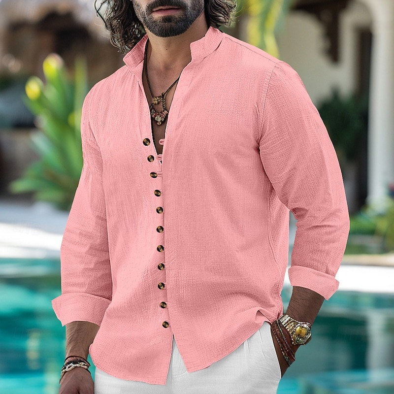 Men's Shirt Linen Shirt Summer Shirt Casual Shirt Button Up Shirt Plain Vacation Curise Black White Pink Sky Blue Long Sleeve Band Collar Spring &  Fall Clothing Apparel Buttons4