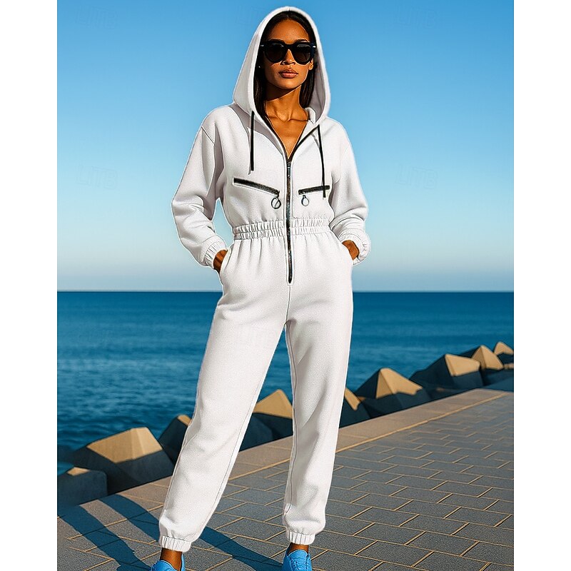 Women's Hooded Jumpsuit Casual One Piece Drawstring Pocket Solid Colored Clothing Suit Fall & Winter Black White Hiking Workout Athletic Windproof Lightweight Moisture Wicking Long Sleeve Sport4