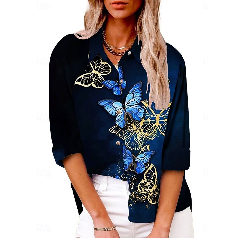 Women's Shirt Butterfly Active Daily Stylish Long Sleeve Shirt Collar Regular Tops Daily Holiday Buttons Print Black Pink Purple Summer Spring Fall3