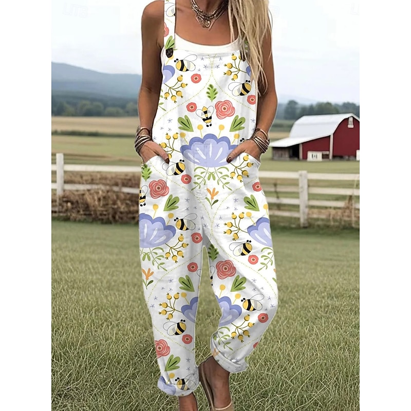 Women's Jumpsuit Active Graphic Sleeveless Sleeveless Wide Leg Pocket Buttons Vacation Street Loose Fit White Yellow Brown Summer