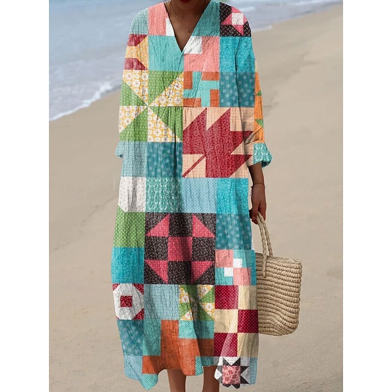 Women's Midi Dress V Neck Long Sleeve Kaftan Lightweight Loose Fit A Line Dress Casual Boho Party Loose Fit Graphic Geometric Abstract Long Sleeve V Neck Pink Red Blue Orange Fall3