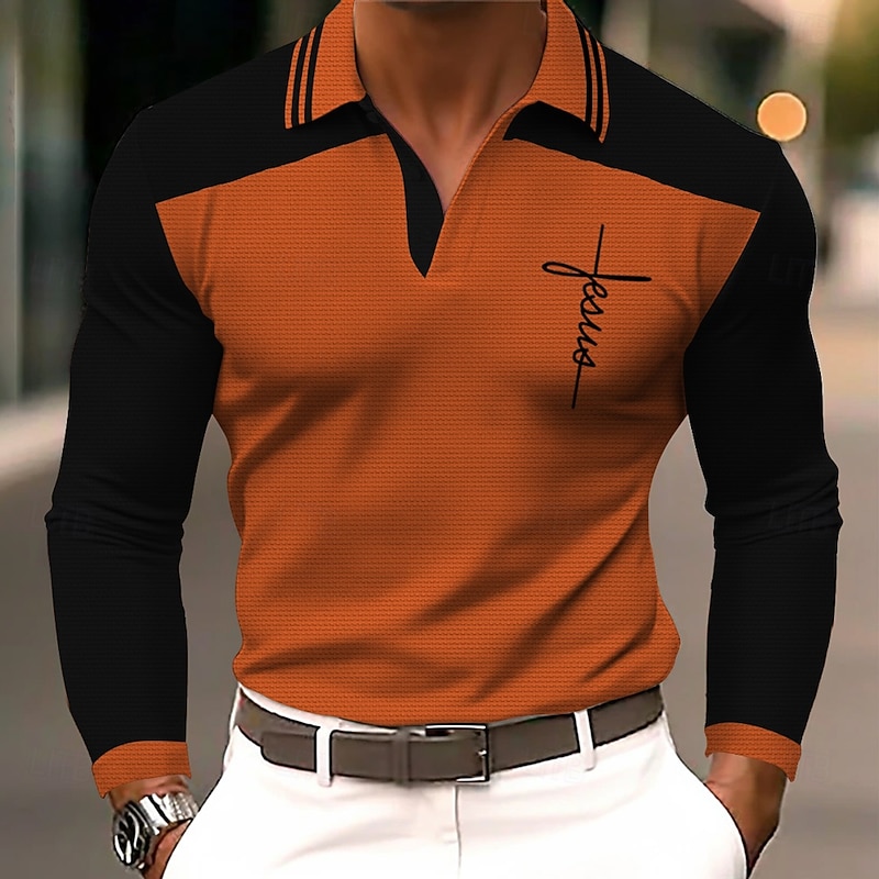 Men's Faith Polo Shirts Golf Shirt Long Sleeve Polo Shirts Collared Shirts WorkWear Formal Wear Festival Wear 3D Print Buttons Fall & Winter Blue Purple Orange