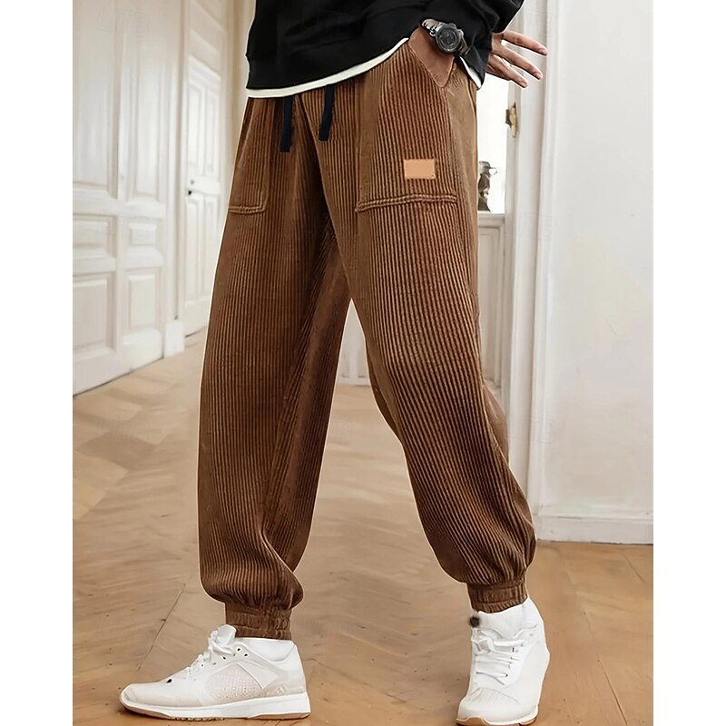 Men's Sweatpants Joggers Corduroy Pants Pocket Elastic Waist Drawstring Plain Comfort Sports Outdoor Daily Fashion Casual Dark Brown Black Micro-elastic4