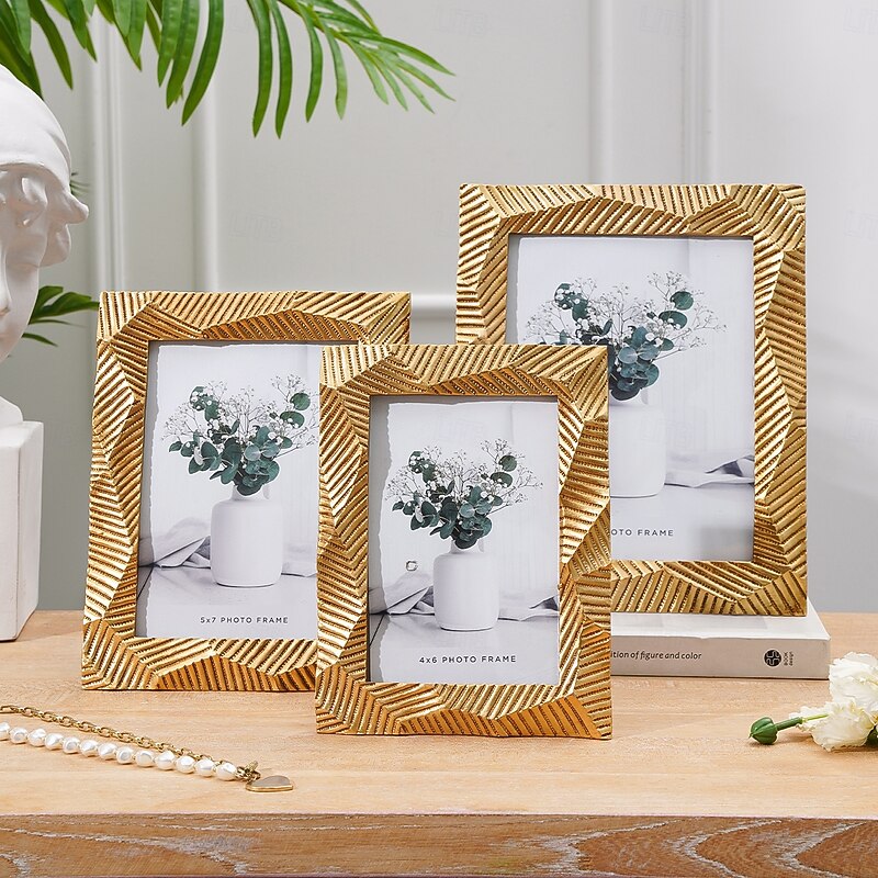 Gold Resin Photo Frame for Tabletop Display, Vertical and Horizontal Picture Frame for Bedroom, Office, Living Room, Warm Holiday Home Decor for Desk and Shelf