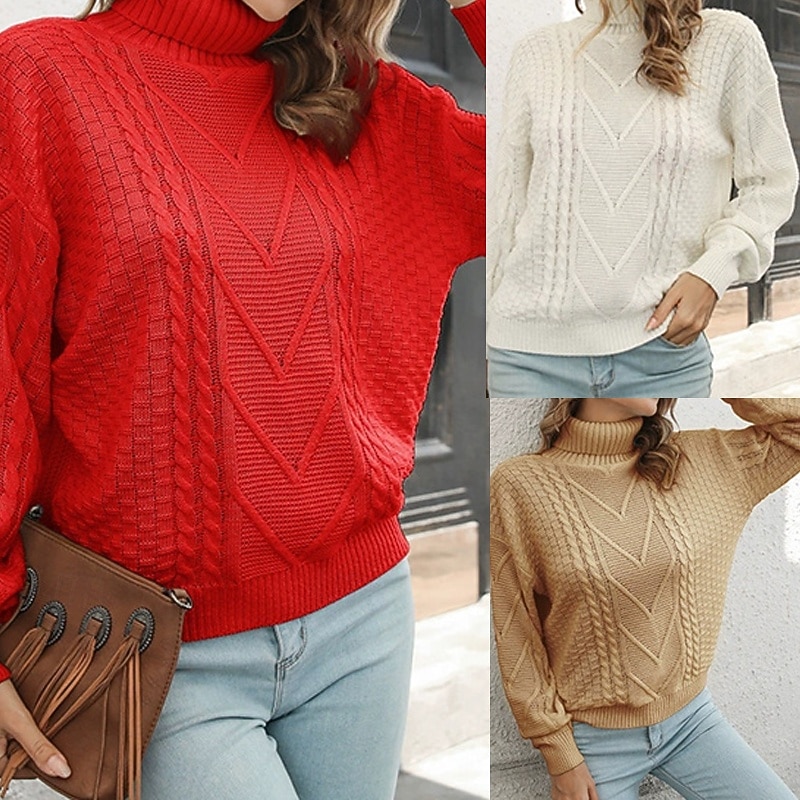 Women's Pullover Casual Solid Color Chunky Turtleneck Knitted Long Sleeve Regular Tops Knit Daily Holiday Going out White Yellow Fall Winter