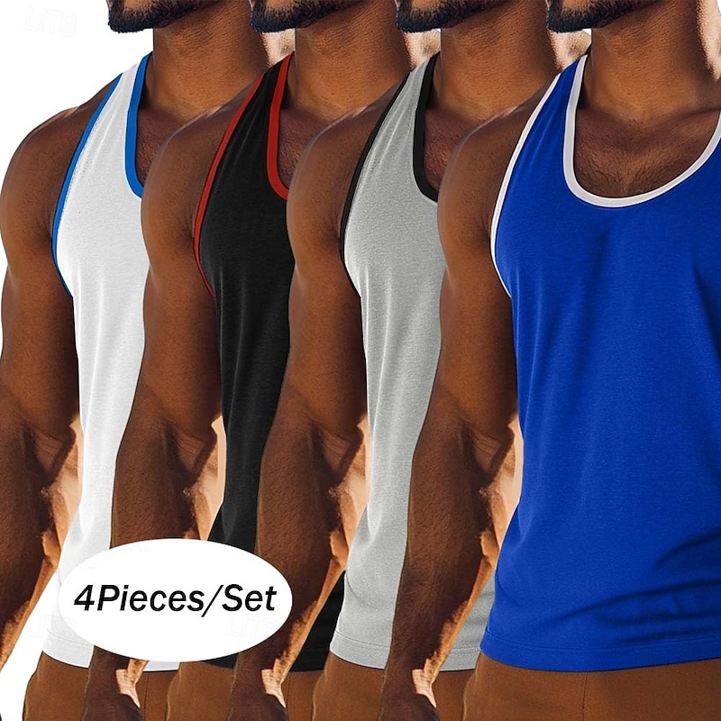 4 Pieces Men's Tank Top Vest Undershirt Sleeveless Shirt Sleeveless U Neck Scoop Neck Summer Solid Color Color Block Plain Fashion Sporty Classic Color Block Street Casual Sports Royal Blue Top