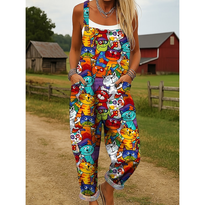 Women's Dungarees Active Graphic Sleeveless Wide Leg Print Vacation Street Loose Fit Yellow Red Blue Summer