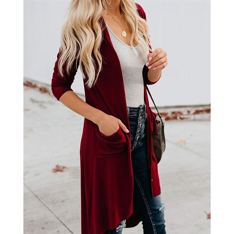Women's Sweater Cardigan Fashion Streetwear Daily Solid Color Ribbed Open Front Pocket Knitted Long Sleeve Long Tops Knit Holiday Going out Weekend Wine Brown Fall Winter3