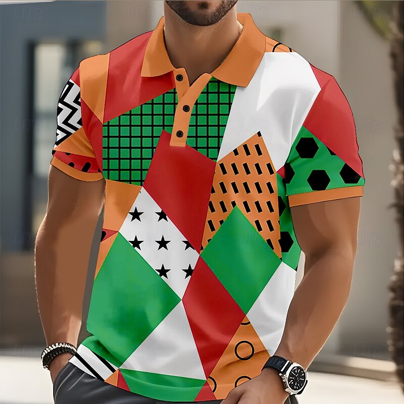 Men's Geometric Color Block Polo Short Sleeve Polo Shirts Collared Shirts Casual Street Athleisure Daily Wear Buttons Summer Pink Purple Green2