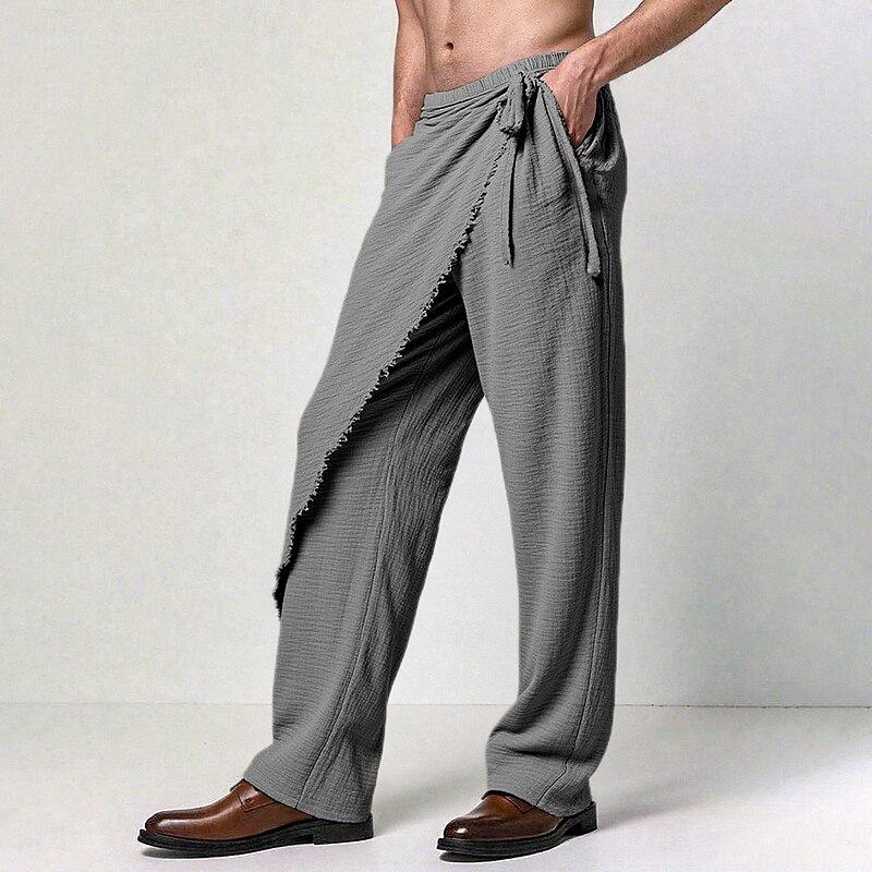 Men's Linen Pants Trousers Summer Pants Drawstring Elastic Waist Straight Leg Plain Comfort Breathable Full Length Outdoor Casual Daily Vacation Fashion White Brown Inelastic2