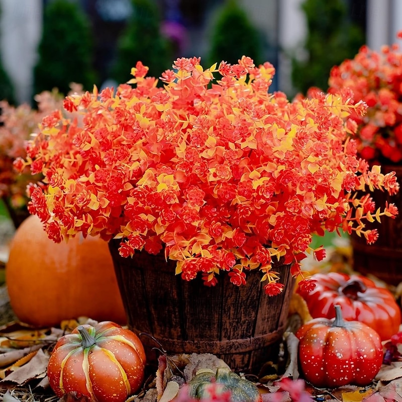 12 Bundles Artificial Fall Mums Flower(Orange & Yellow), UV Resistant Faux Plants for Outdoor Use, Fade-Resistant Plastic Greenery for Garden, Porch, Patio, and Autumn Home Decor3
