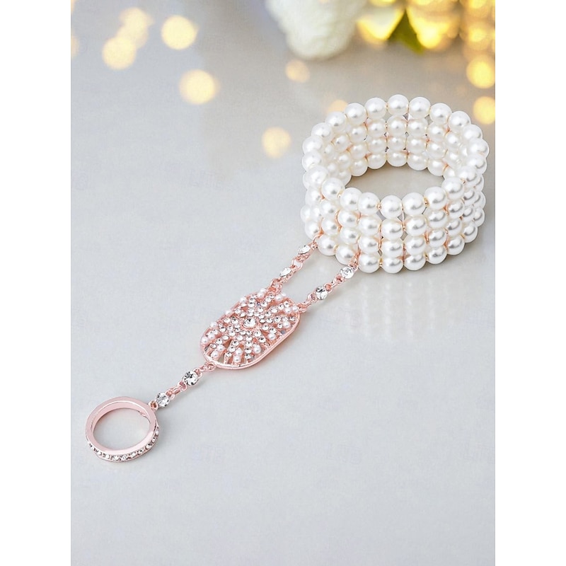 Women's Art Deco Pearl Hand Chain Bracelet Ring - 1920s Gatsby Style Jewelry with Rhinestones for Vintage Themed Parties3