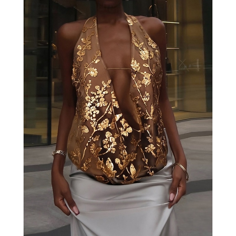 Women's Sequin Sparkly Party Glitter Flower Stylish Modern Sleeveless V Neck Regular Tops Daily Going out Print Backless Brown Green Summer