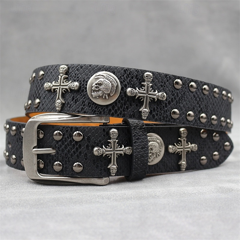 Men's Belt Waist Belt Silver Black PU Leather Alloy Vintage Durable Adjustable Cross Skulls Outdoor Daily