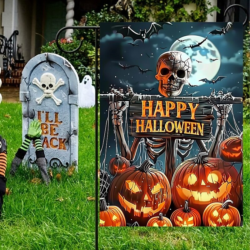 Halloween Garden Flag Banner – "Happy Halloween" with Pumpkins and Skulls, Double-Sided Weather-Resistant Yard Flag for 2025 Halloween Holiday Outdoor Lawn, Porch Decoration2
