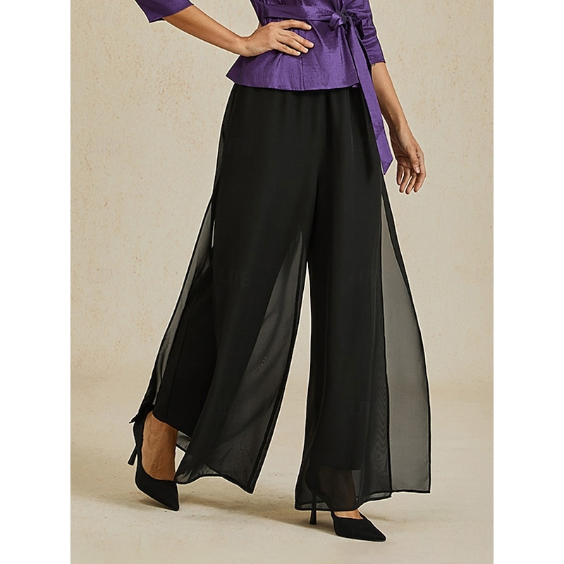 Women's Culottes Wide Leg Straight-Leg Trousers Elegant Stylish Classic Style Full Length Medium Waist Solid Color Elastic Waist Stretchy Wedding Vacation Party Black Spring, Fall, Winter, Summer3