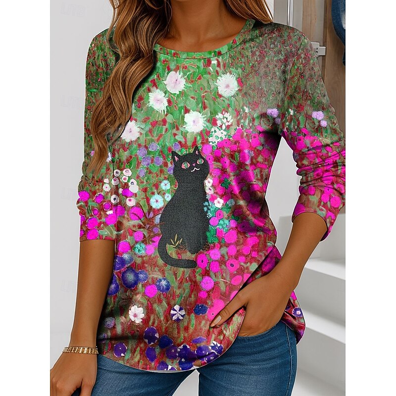Women's T shirt Crew Neck Long Sleeve Tunic Floral Graphic Cat Vintage Stylish Classic  Regular Tops Daily Weekend Print Pink Orange Green Spring Fall4