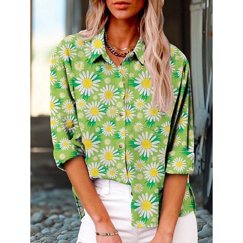 Women's Shirt Floral Active Daily Stylish Long Sleeve Shirt Collar Regular Tops Daily Holiday Buttons Print Blue Purple Green Summer Spring Fall3