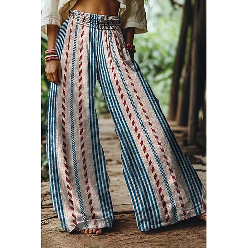 Women's Culottes Wide Leg Vacation Vintage Ethnic Style Full Length High Waist Graphic Stripe Abstract Quick Dry Breathability Soft Inelastic Formal Outdoor Vacation Red Blue Green Summer Spring
