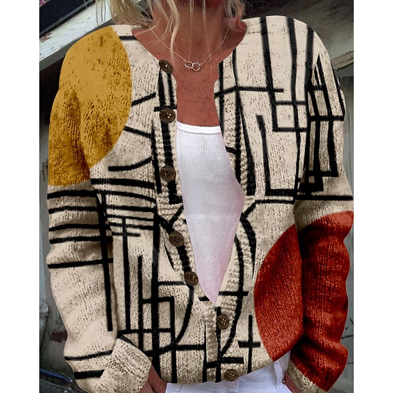 Women's Sweater Cardigan Fashion Streetwear Daily Geometric Striped Ribbed Open Front Knitted Long Sleeve Regular Tops Knit Holiday Going out Weekend White Brown Fall Winter3
