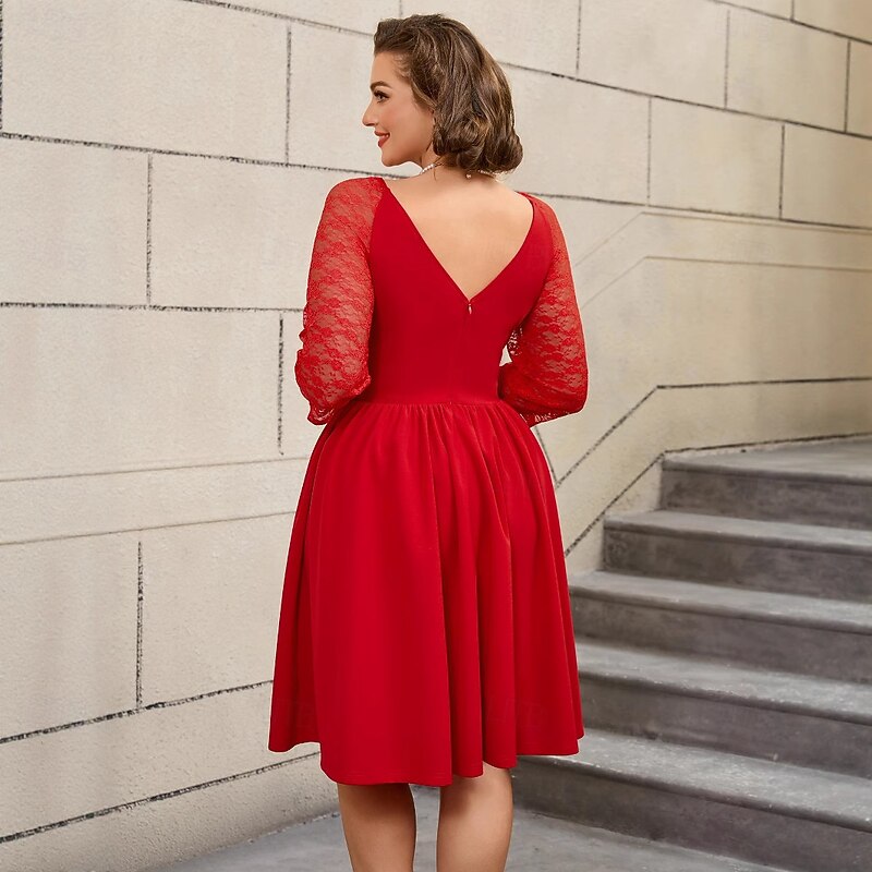 Retro Vintage 1950s Rockabilly Above Knee Dress A Line Dress Flare Dress Plus Size Lace V Neck Fancy Dress Women's Wedding Vacation Party & Evening Adults' Dress Spring & Summer3