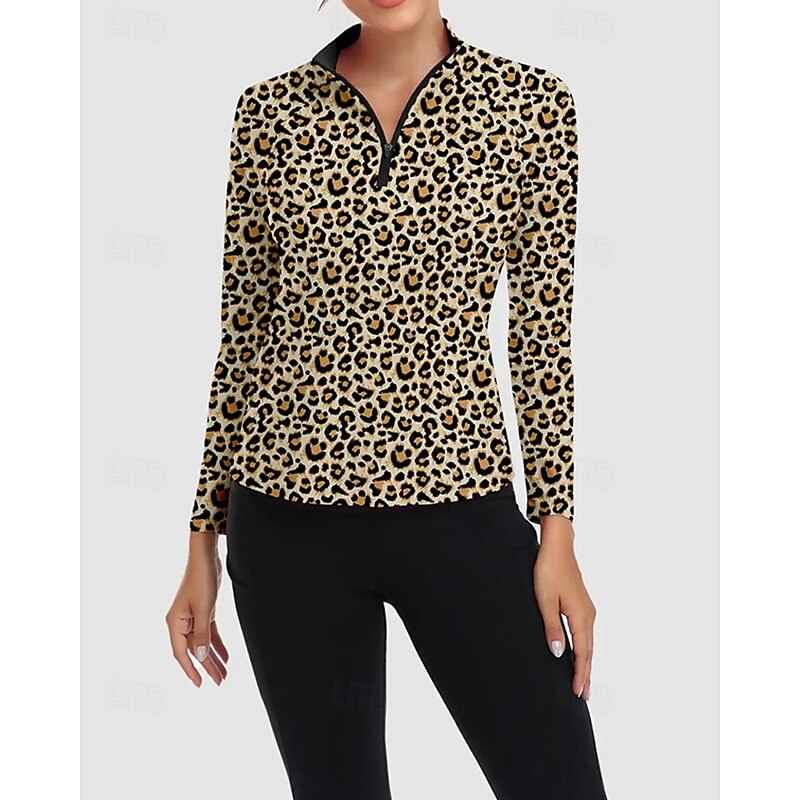 Women's Leopard Golf Polo Shirt Tennis Shirt Long Sleeve Print Quarter Zip Pullover UV Protection Elastic Breathable Tennis Golf Pickleball Zip Collar Shirt Polo Brown Tennis Clothing