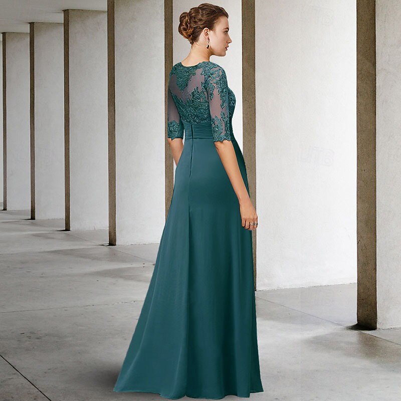 Sheath Mother of the Bride Dress Wedding Guest Elegant Plus Size Jewel Neck Floor Length Chiffon Lace Short Sleeve with Appliques Side-Draped2